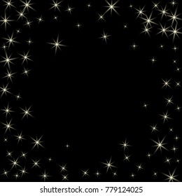 Abstract vector background with gold star elements. Glitter confetti, shining sparkles pattern design on black. Night sky stars frame, astral illustration, cosmic space.