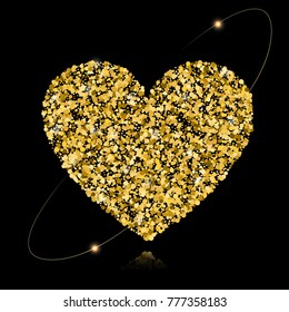 Abstract vector background with gold stars and a shape of a heart. Gold sparkles isolated on black background. Design for wedding card, valentine card.