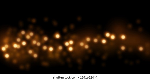 Abstract vector background with golden bokeh lights. Glowing particles, blurred light effect on black.