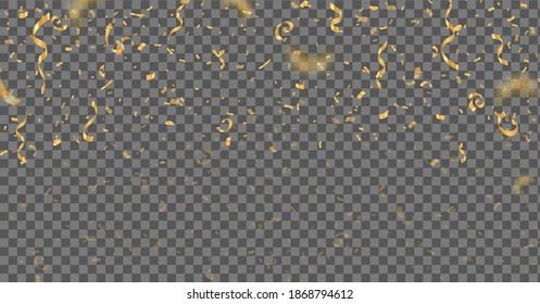 Abstract vector background with golden confetti. Shiny defocused gold confetti on dark transparent background. Festive gold background for card, flyer, invitation, banner, voucher.