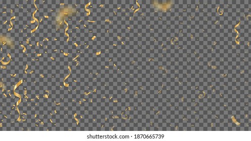 Abstract vector background with golden confetti. Shiny defocused gold confetti on dark transparent background. Festive gold background for card, flyer, invitation, banner, voucher.