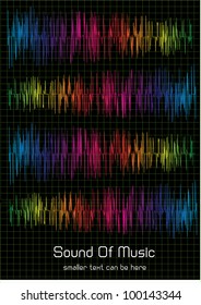 abstract vector background of gradient rainbow sound waves and place for your text isolated on black background