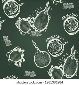 Abstract vector background with Granadillas and pitaya fruits.