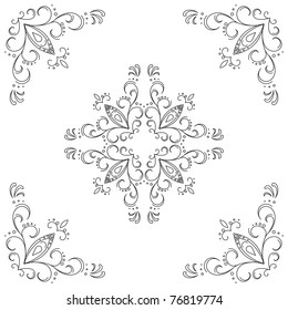 Abstract vector background with graphic floral pattern, monochrome contours