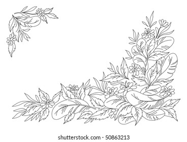 Abstract vector background, graphic monochrome pattern: leaves, flowers and feathers