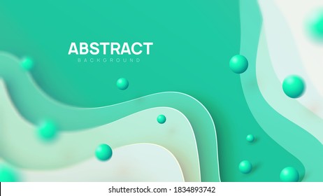 Abstract vector background  in green, mint shades. Dynamic paper cut composition with 3d realistic balls in air. Copy space, place for your text.