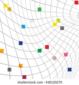 Abstract Vector Background. Grey Net  with Colorful Squares Wave on White Background.