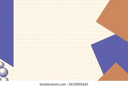 Abstract vector background with grid texture, bold geometric shapes, and 3D spheres. Retro-modern layout ideal for creative projects and playful designs.
