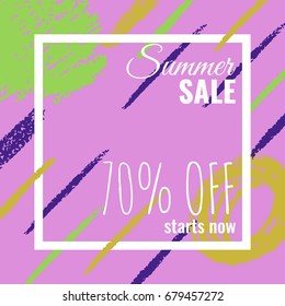 an abstract vector background with hand drawn spots of crayon strokes; a square banner with a 70% discount; a sakes voucher; gift card for seasonal clearance; a textured illustration