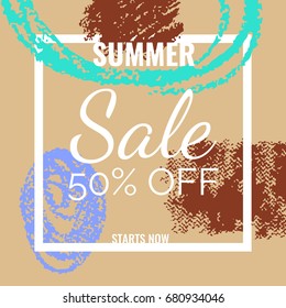 an abstract vector background with hand drawn spots of crayon strokes; a square banner with a 50 percent discount; a sakes voucher; gift card for seasonal clearance; a textured illustration