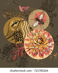Abstract vector background with a hand drawn bird,fly and flowers