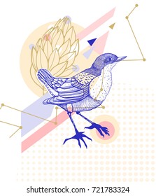 Abstract vector background with a hand drawn bird and  geometric shapes