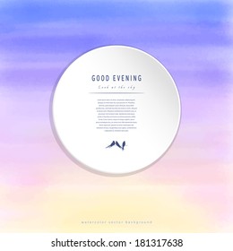 Abstract vector background. Handmade watercolor reminds sky.  Round frame for your text with silhouettes of swallows.