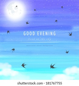 Abstract vector background. Handmade watercolor. White cloud, moon,  sky and swallows. Place for your text.