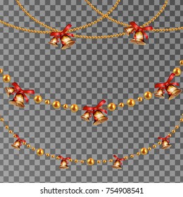 Abstract Vector Background with Hanging Christmas Garlands gold beads with jingle bell. Set for Celebratory Design, Xmas Holiday greeting card design. Christmas decorations.