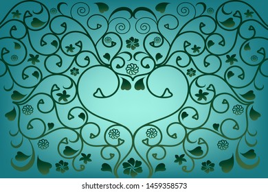 Abstract vector background with hearts.	Floral heart Valentines Day background.  Botanical gold patterns on turquoise. Greeting card