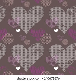 Abstract  vector background - hearts. Heart-shaped lace of wedding veil or mesh. Vintage rampled seamless texture for patterns, cards, textile, wallpapers. Vector illustration.