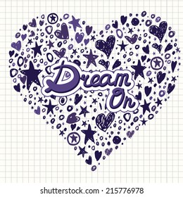 Abstract Vector Background with Hearts and Stars Shapes. Hand Drawn scribble illustration.