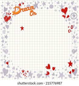 Abstract Vector Background with Hearts and Stars Shapes. Hand Drawn scribble illustration.