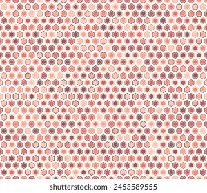 Abstract vector background. Hexagon bold mosaic cell with padding and inner solid cells. Red color tones. Hexagon shapes. Tileable pattern. Seamless vector illustration.