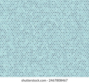 Abstract vector background. Hexagon bold mosaic cell with padding and inner solid cells. Blue color tones. Small hexagon geometric shapes. Tileable pattern. Seamless vector illustration.