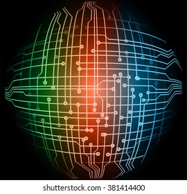 abstract vector background with high tech blue orange green circuit board.
