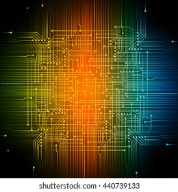 abstract vector background with high tech yellow orange blue circuit board.