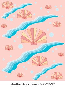 abstract vector background illustration of cockle shells on and blue waves on pink background