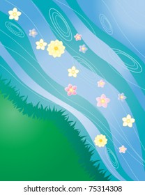 abstract vector background illustration of flowers in a stream flowing past grassy banks in eps 10 format