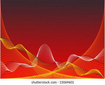 An abstract vector background illustration with a series of red, yellow and white waves on a red background with room for text
