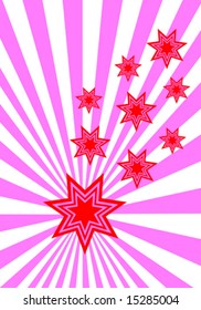 An abstract vector background illustration with a series of red and pink stars on a pink and white fan effect base