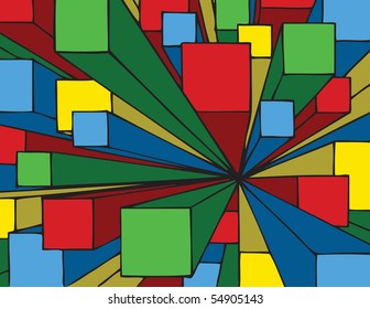 An abstract vector background illustration of three dimensional colored boxes.