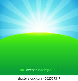 Abstract Vector Background Illustration with Vintage Sunrise Shining in Blue Rays