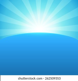 Abstract Vector Background Illustration with Vintage Sunrise Shining in Blue Rays