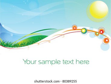 abstract vector background with an image of sun, sea, grass and herbs and a space for your text