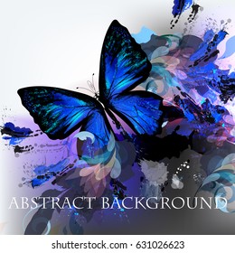 Abstract vector background with ink colored spots and blue butterfly