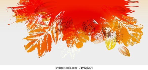 Abstract Vector background with ink stamp leaves and paint splashes. Autumn season Frame. hand drawn illustration for banners, posters. Top oriented decor