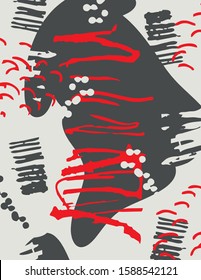 Abstract vector background. Ink strokes. Hand-drawn elements. Memphis style. 3-colored. Letter aspect ratio
