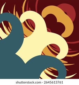 An abstract vector background of interlocking organic shapes in cream, teal, and mustard on a deep burgundy field, punctuated by swirling accents for a dynamic, retro inspired feel.