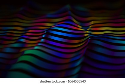 Abstract vector background with iridescent waving 3d stripes on dark. Colors in motion with depth of field.