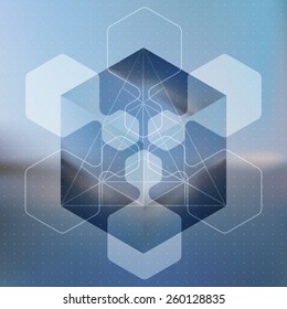 Abstract vector background with isometric cubes with reflection of the environment and low poly structures on blurred background. Vector illustration.