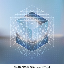 Abstract vector background with isometric cubes with reflection of the environment and low poly structure on blurred background.