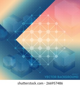 Abstract vector background with isometric cubes with reflection of the environment and low poly structure on blurred background.