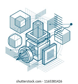 Abstract vector background with isometric lines and shapes. Cubes, hexagons, squares, rectangles and different abstract elements.