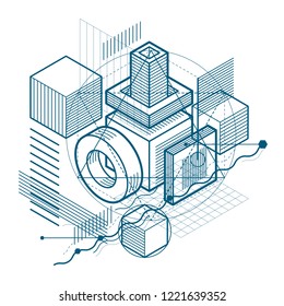 Abstract vector background with isometric lines and shapes. Cubes, hexagons, squares, rectangles and different abstract elements.
