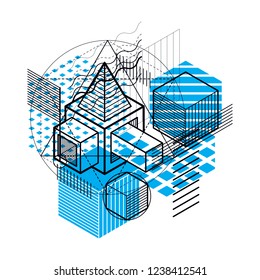 Abstract vector background with isometric lines and shapes. Cubes, hexagons, squares, rectangles and different abstract elements.