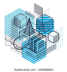 Abstract vector background with isometric lines and shapes. Cubes, hexagons, squares, rectangles and different abstract elements.