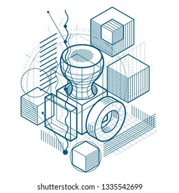 Abstract vector background with isometric lines and shapes. Cubes, hexagons, squares, rectangles and different abstract elements.