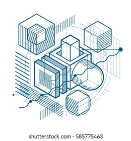 Abstract vector background with isometric lines and shapes. Cubes, hexagons, squares, rectangles and different abstract elements.