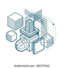 Abstract vector background with isometric lines and shapes. Cubes, hexagons, squares, rectangles and different abstract elements.